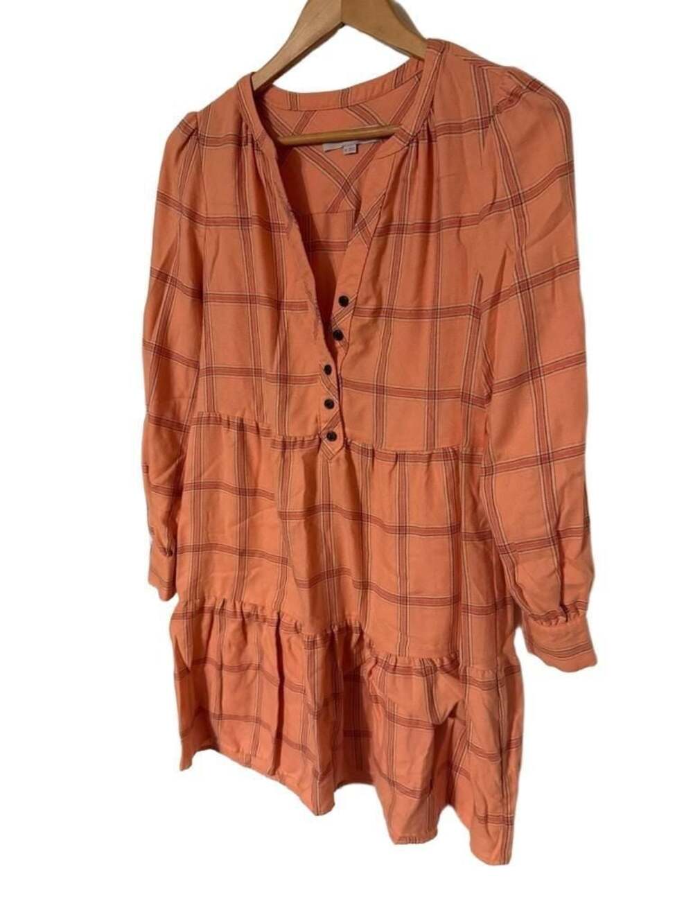 LOFT Women's Long Sleeve Tiered Plaid Babydoll Dress in Peach